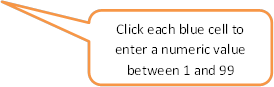 Click each blue cell to enter a numeric value between 1 and 99